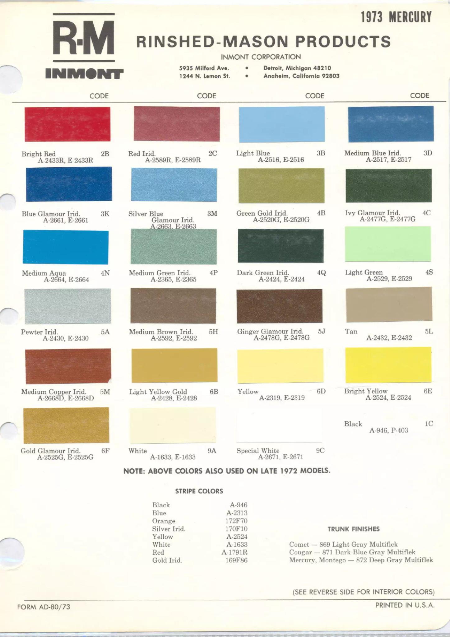 color codes, color examples and ordering codes for the vehicle