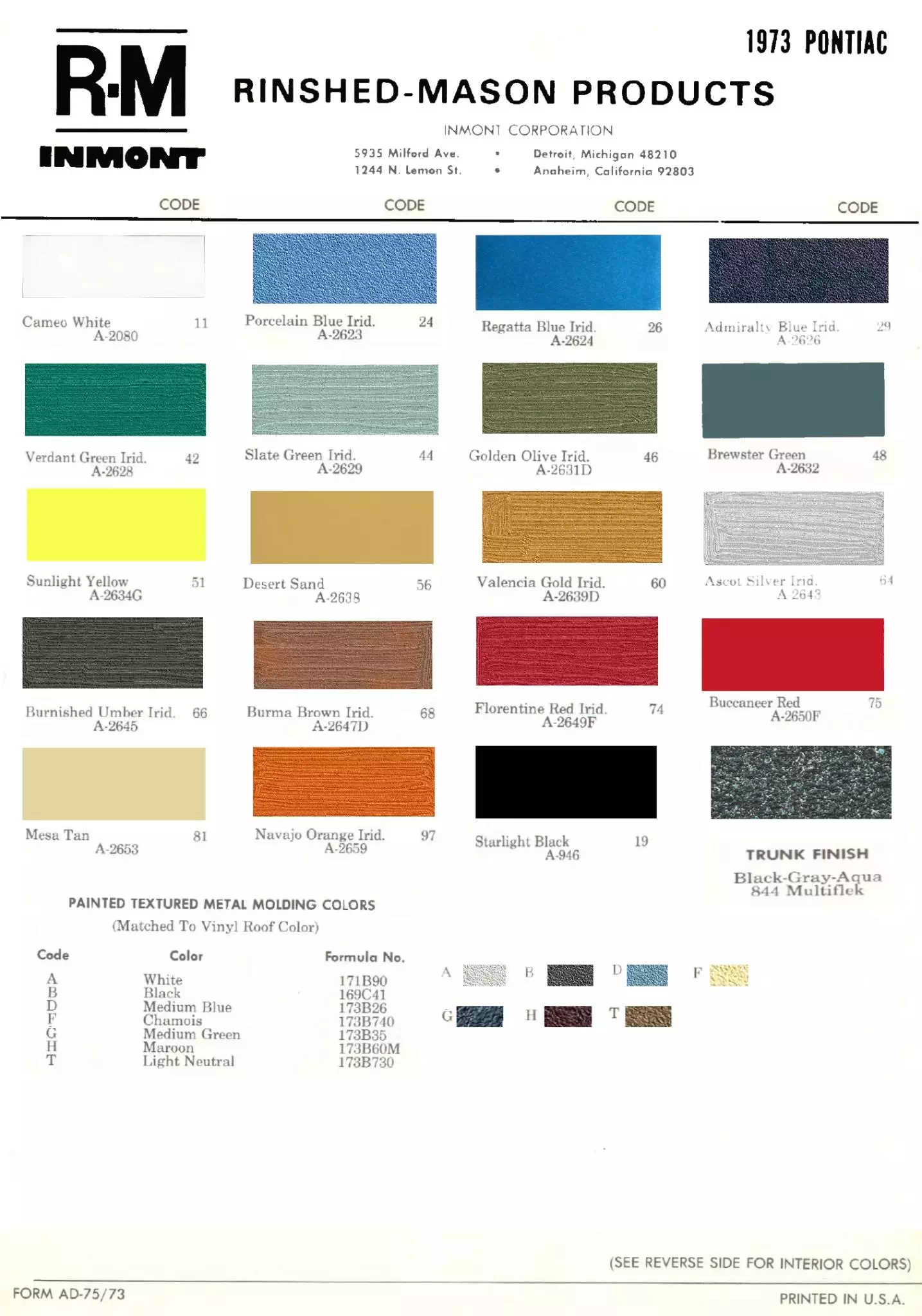 Chart that shows the Colors used on Pontiac Vehicles and the Code to look them up.