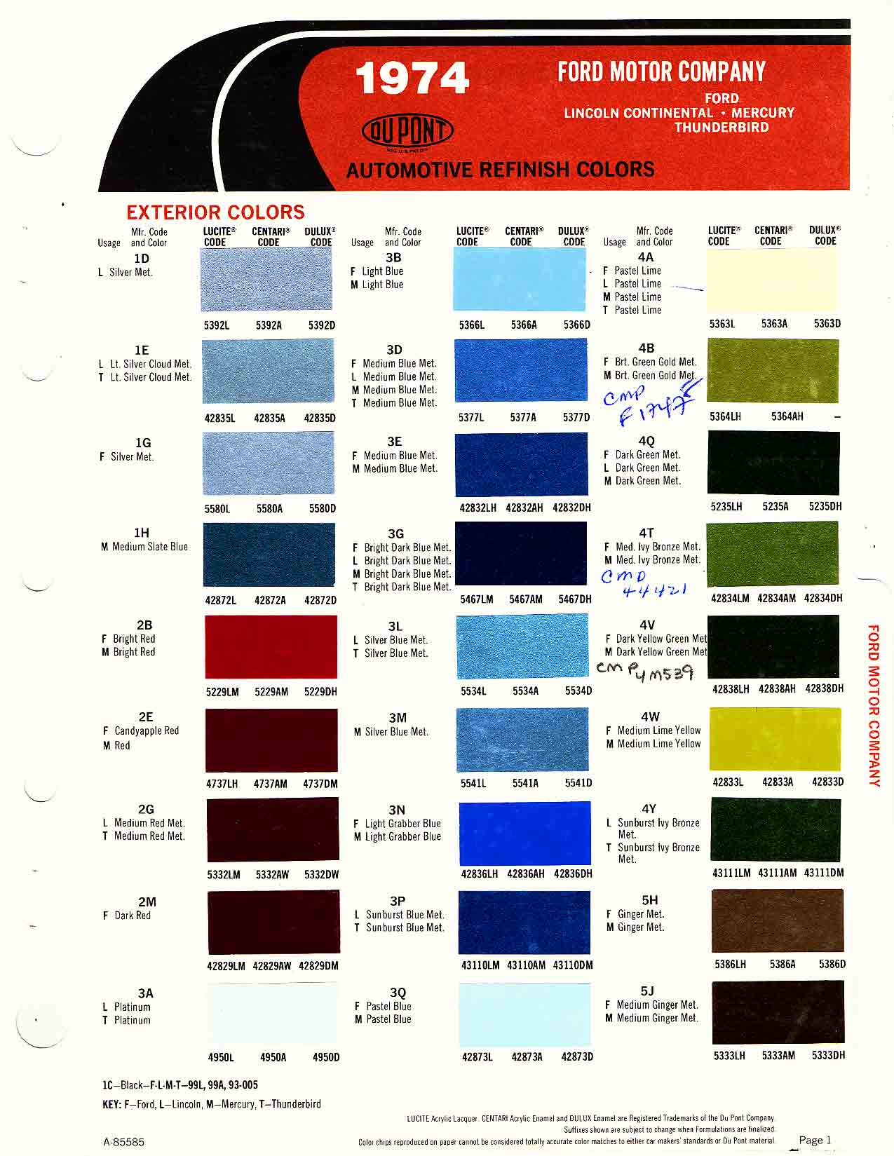 Ford Motor Vehicle Color Code Chart/Page Paint