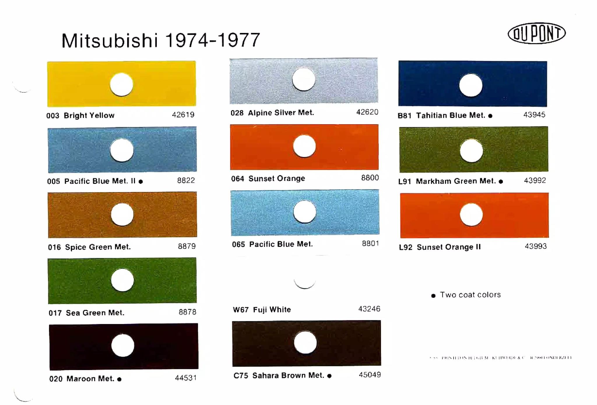 A paint code chart displaying various color swatches and corresponding codes. This chart is used to identify and select specific paint colors for mixing paint and or buying paint for your Mitsubishi vehicle. There are only so many paints used every year. This chart helps you decide what color it is.  