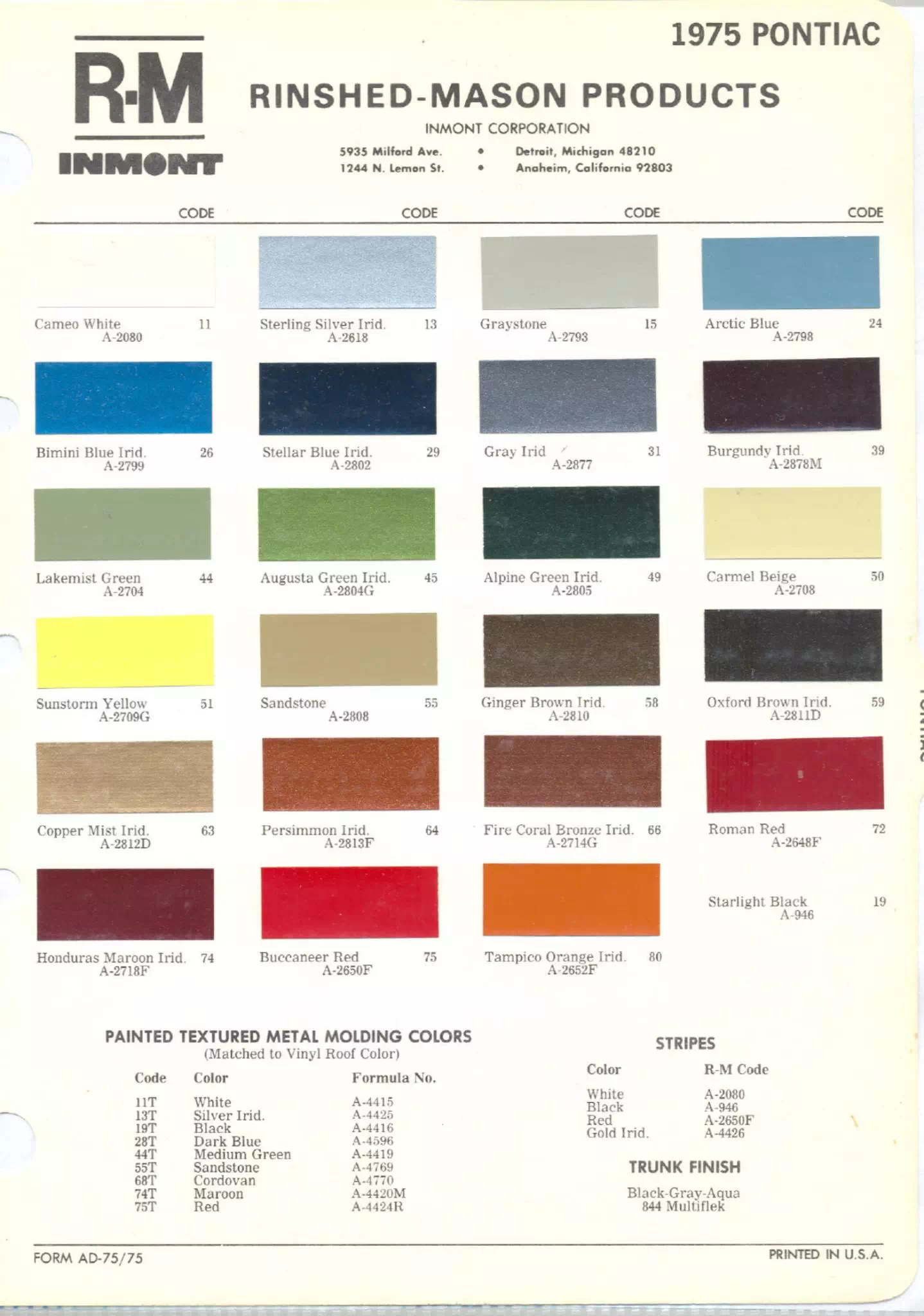 Chart that shows the Colors used on Pontiac Vehicles and the Code to look them up.