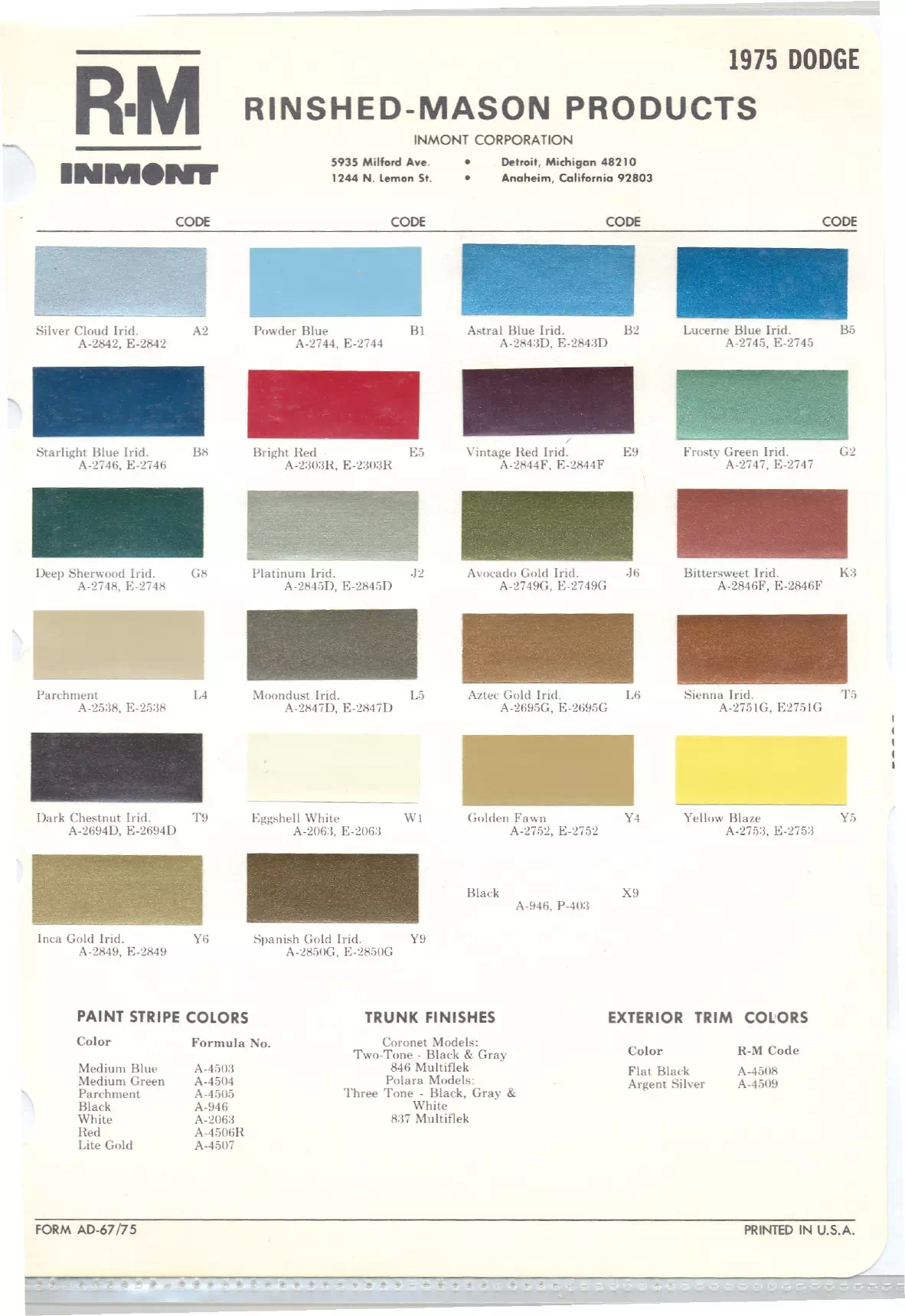 Paint color examples, their ordering codes, the oem color code, and vehicles the color was used on