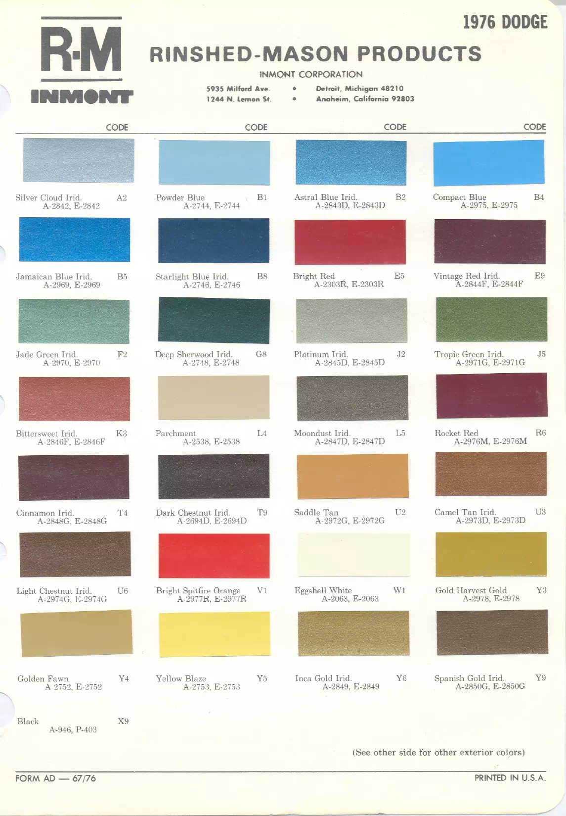 Paint color examples, their ordering codes, the oem color code, and vehicles the color was used on