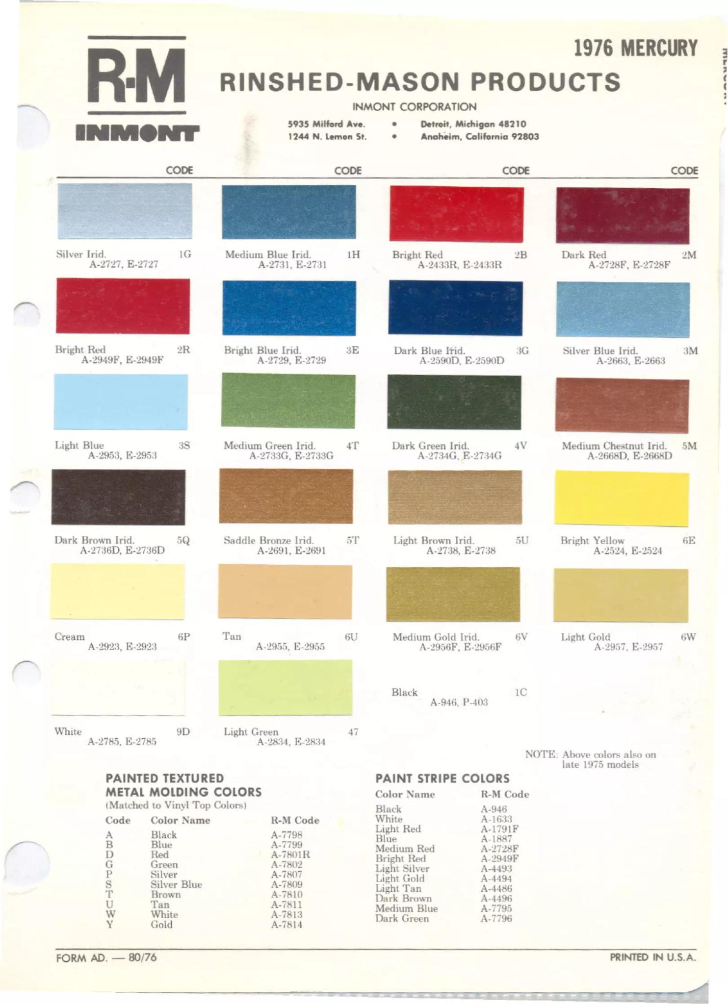 Paint color examples, their ordering codes, the oem color code, and vehicles the color was used on