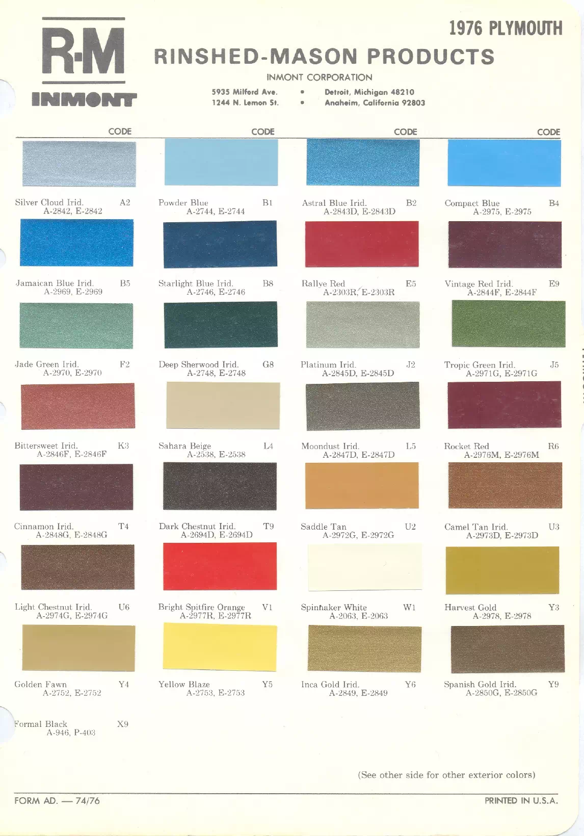 Paint color examples, their ordering codes, the oem color code, and vehicles the color was used on