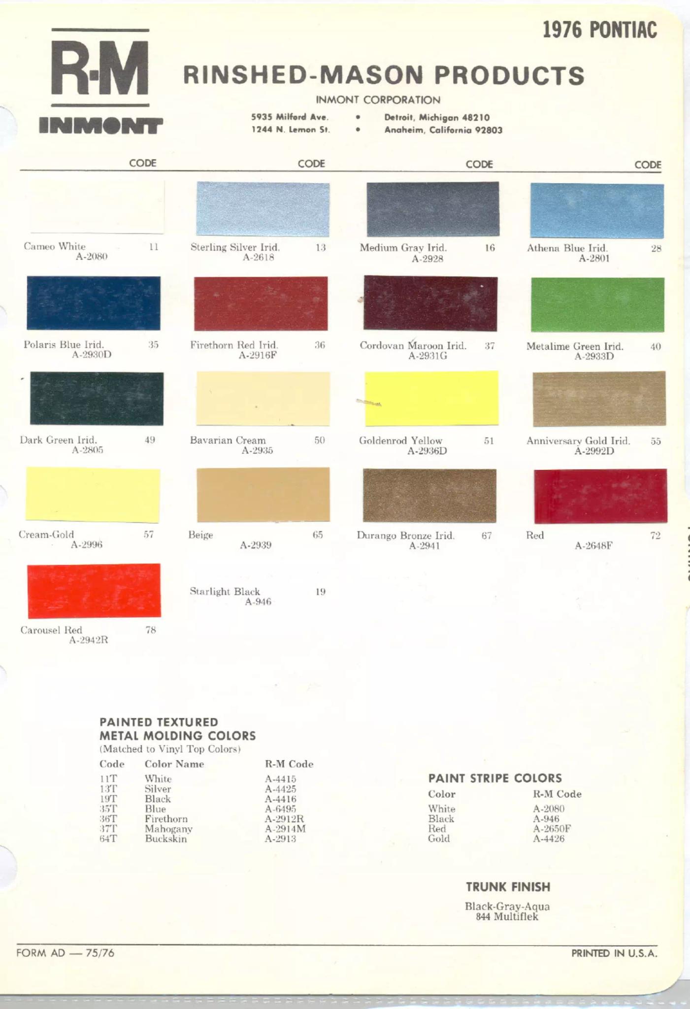 Paint color examples, their ordering codes, the oem color code, and vehicles the color was used on