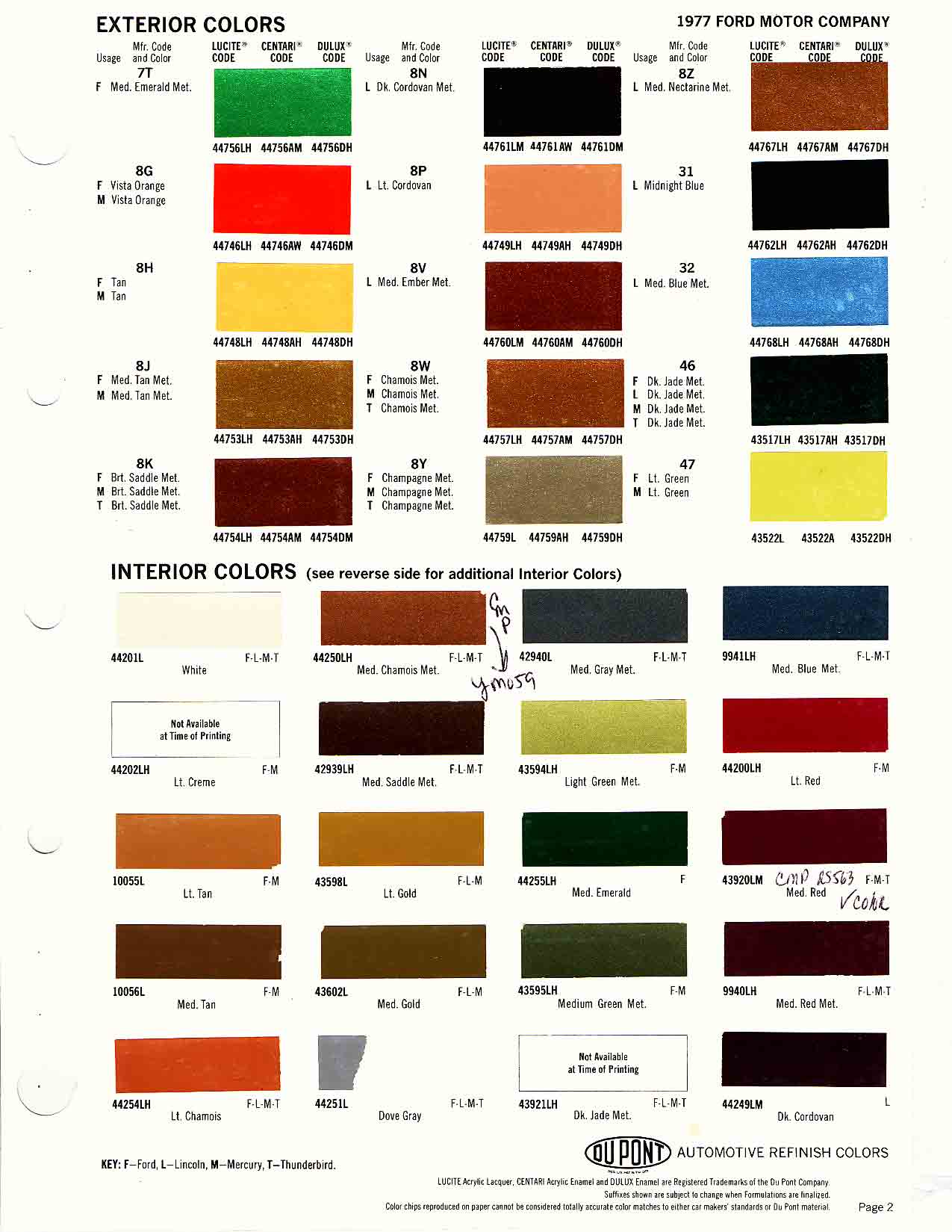 Ford Motor Vehicle Color Code Chart/Page Paint