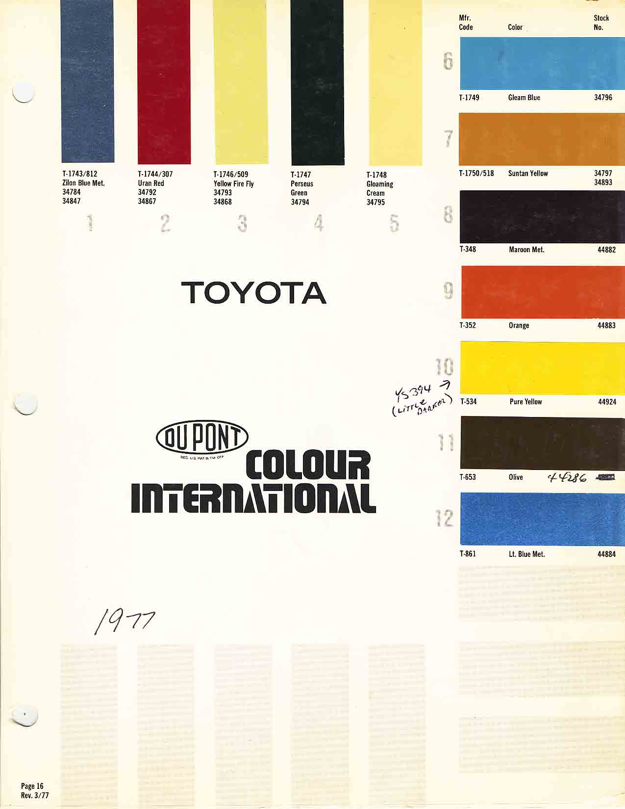 Toyoto / Lexus Paint Code and Color Chart