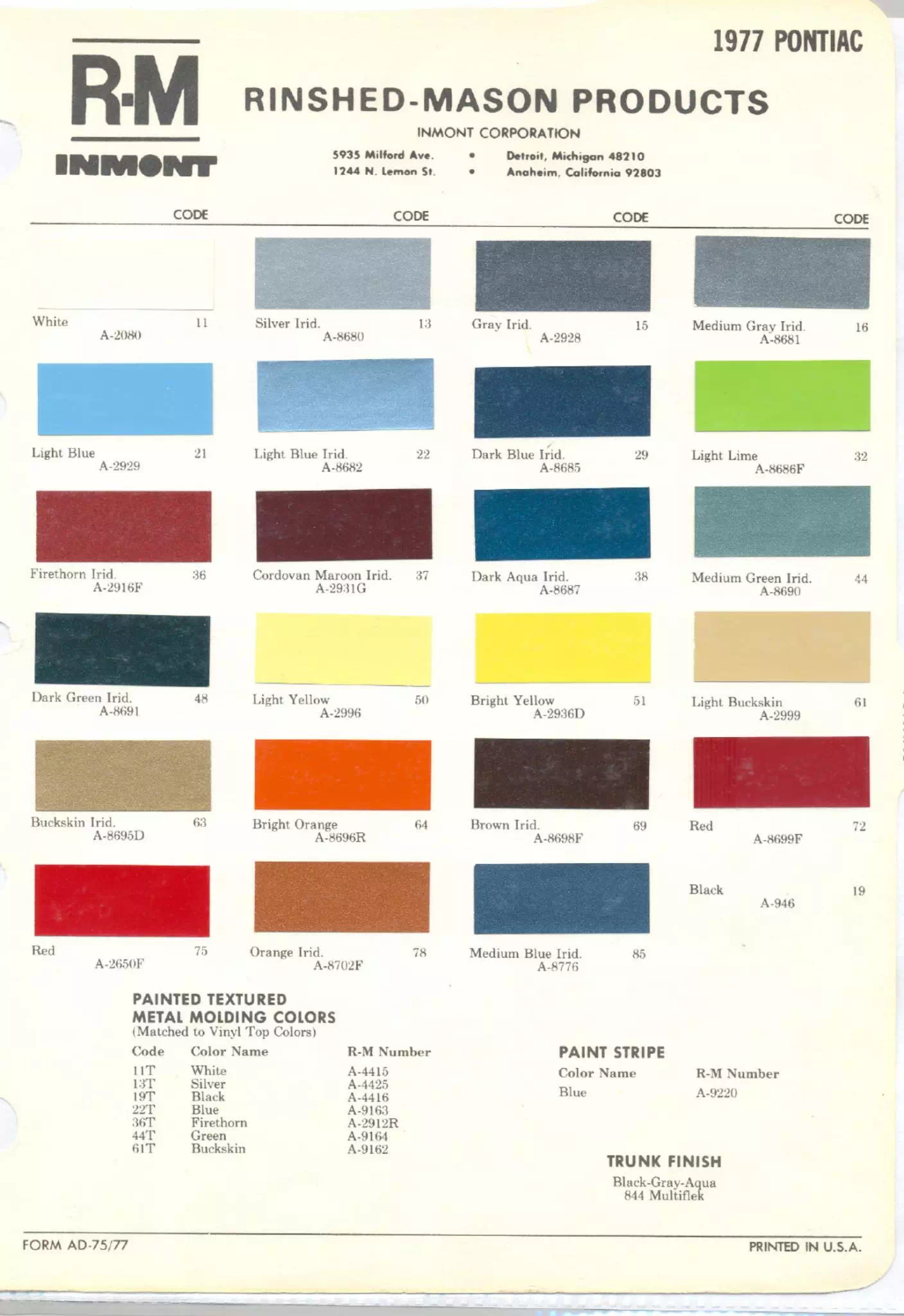 Chart that shows the Colors used on Pontiac Vehicles and the Code to look them up.