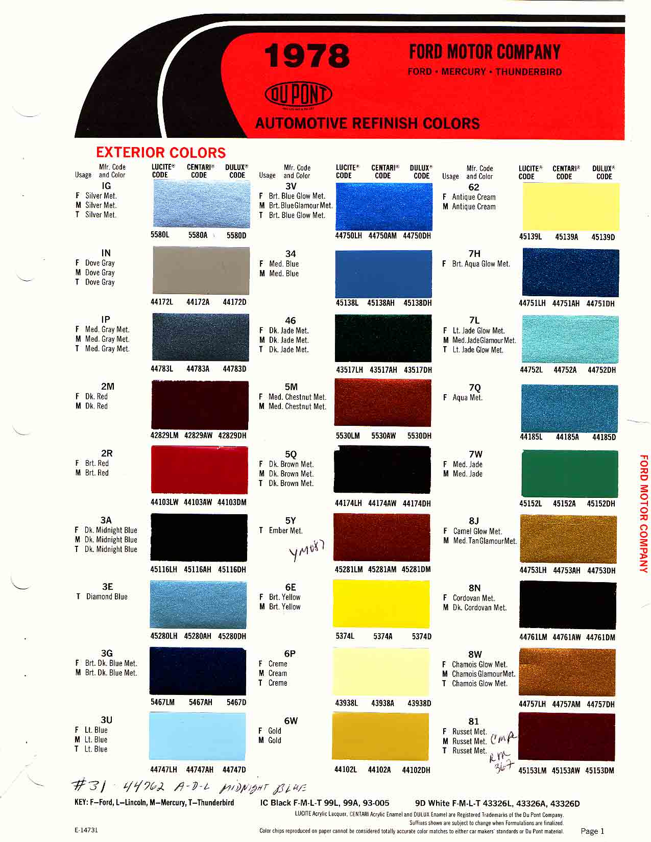 Ford Motor Vehicle Color Code Chart/Page Paint