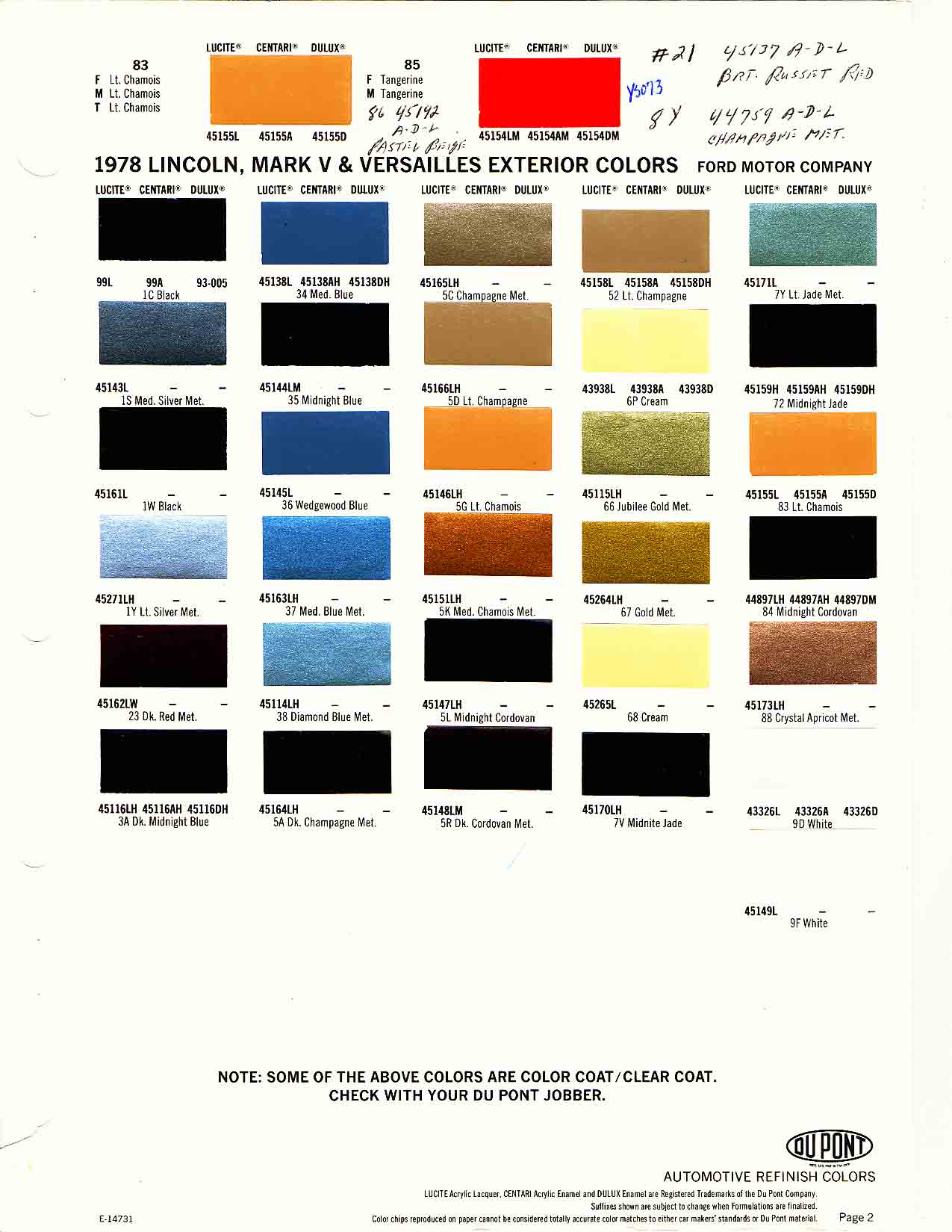 Ford Motor Vehicle Color Code Chart/Page Paint