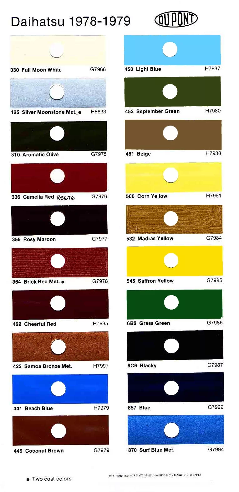 a photo showing Daihatsu exterior vehicle colors, their ordering codes, and their mixing stock numbers