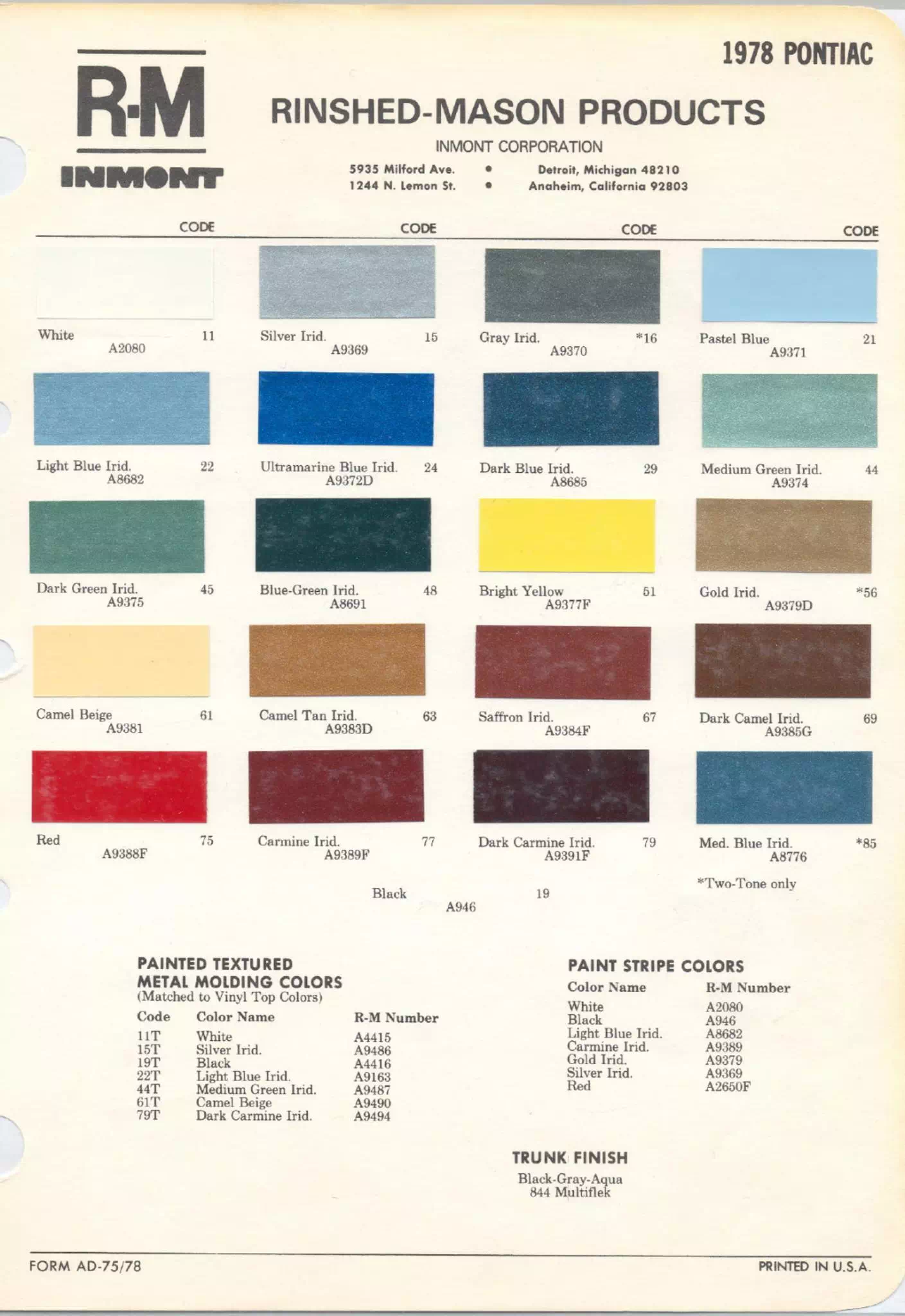 Chart that shows the Colors used on Pontiac Vehicles and the Code to look them up.