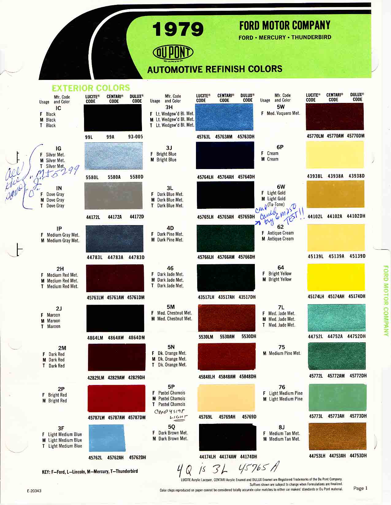 Ford Motor Vehicle Color Code Chart/Page Paint