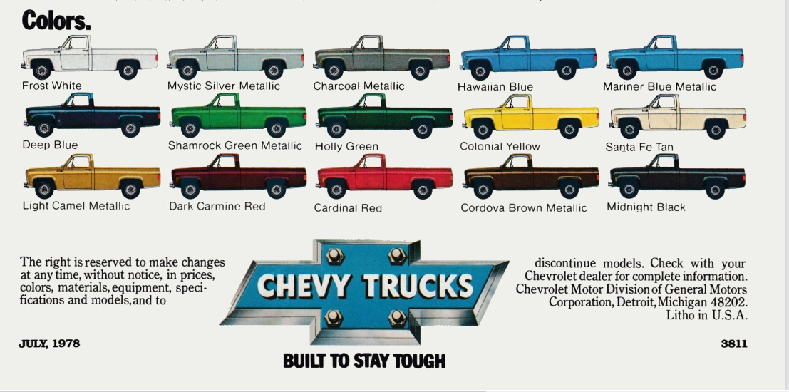 paint colors used on the exterior of chevrolet silverado trucks