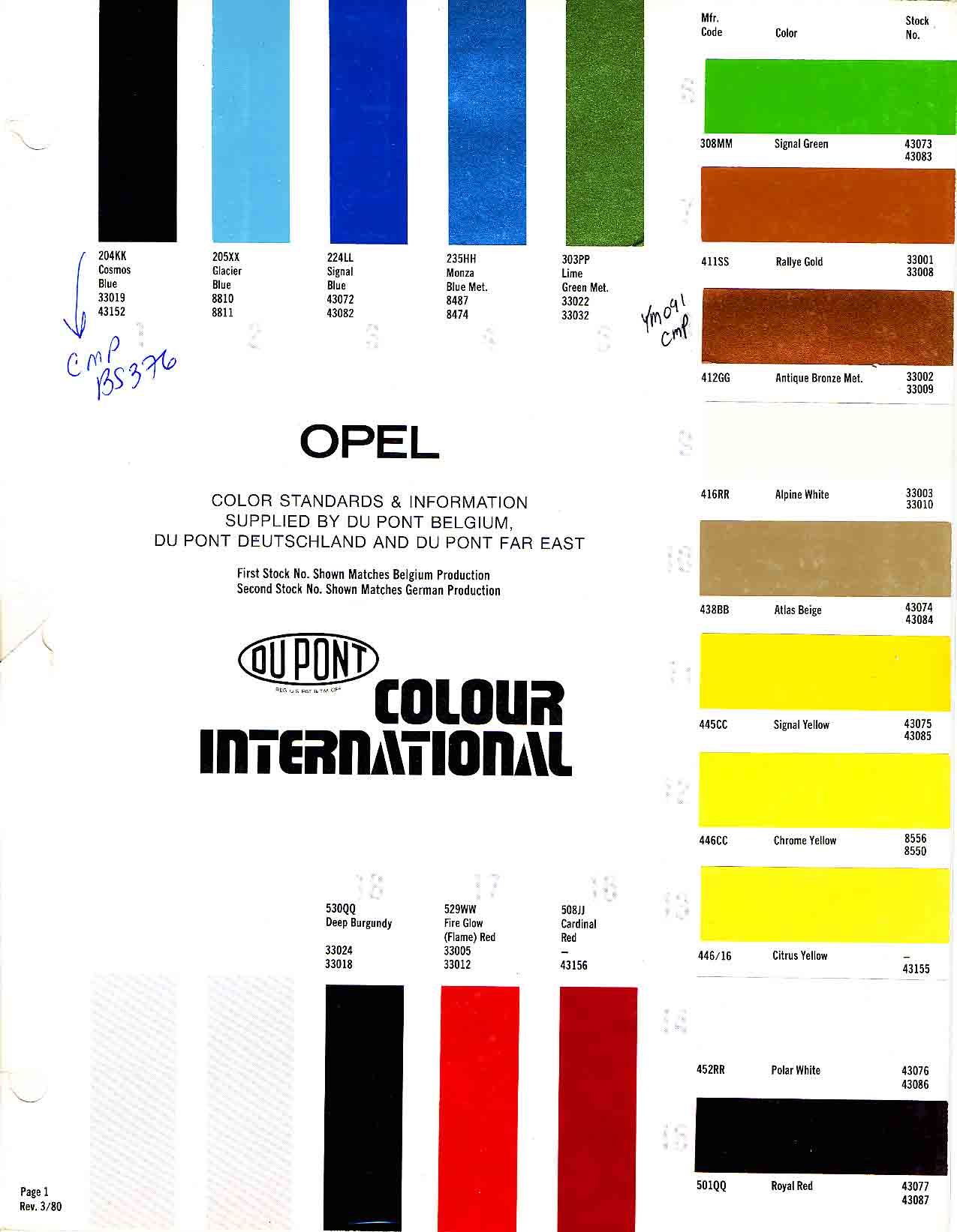 Opel Exterior Color Code and Paint Chart Colours