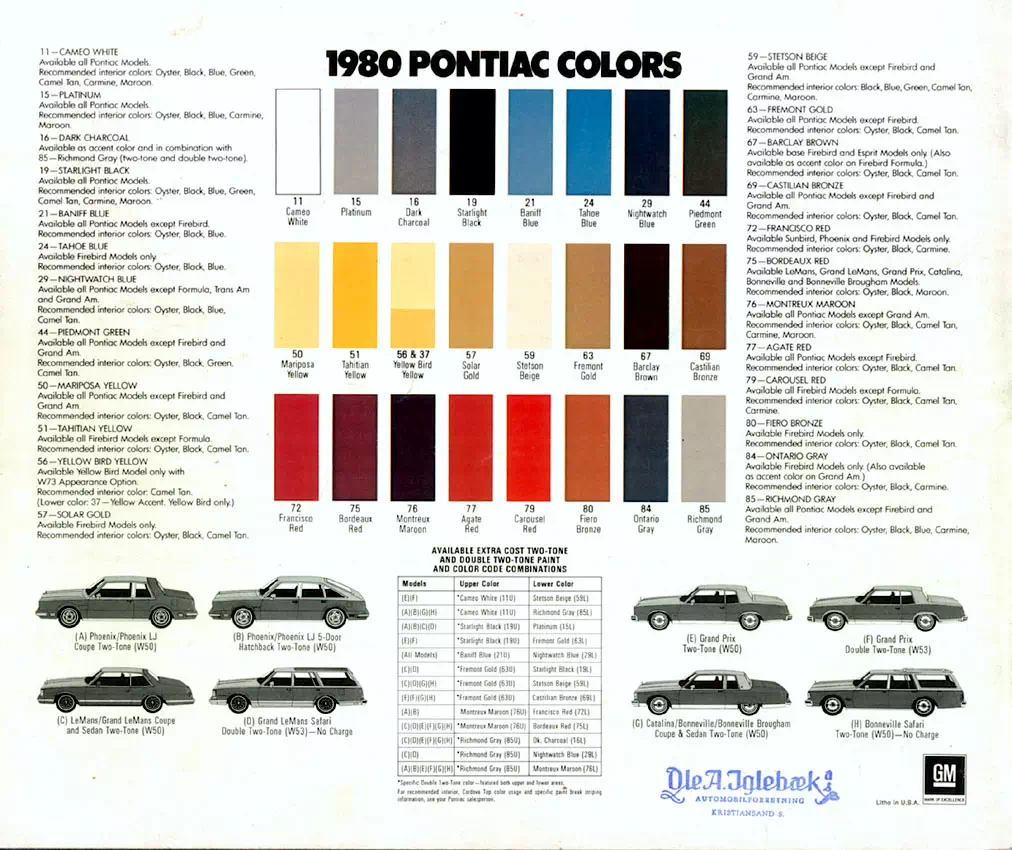 Chart that shows the Colors used on Pontiac Vehicles and the Code to look them up.