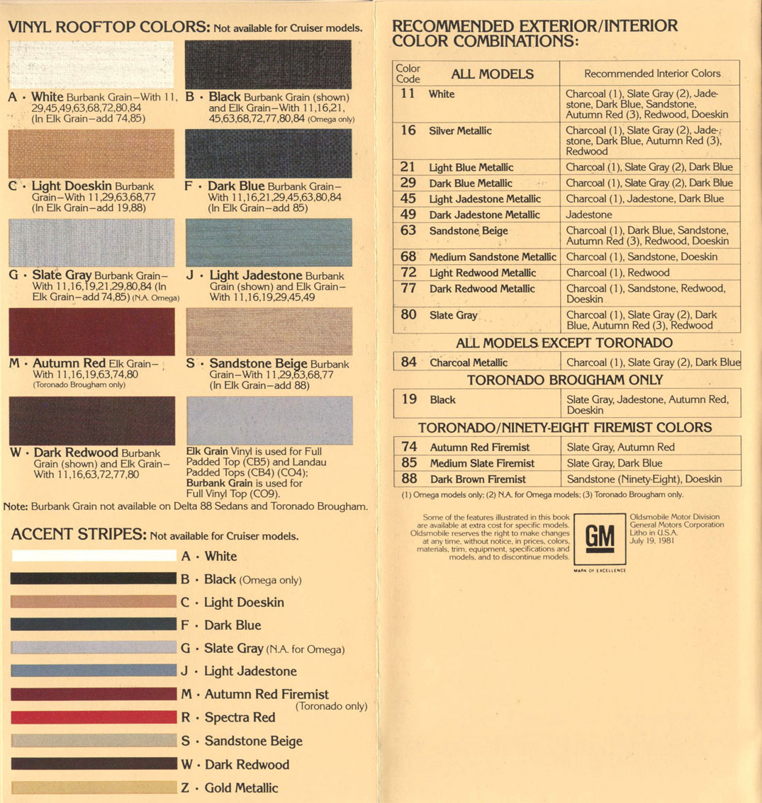 Oldsmobile Paint & Color Code Chart