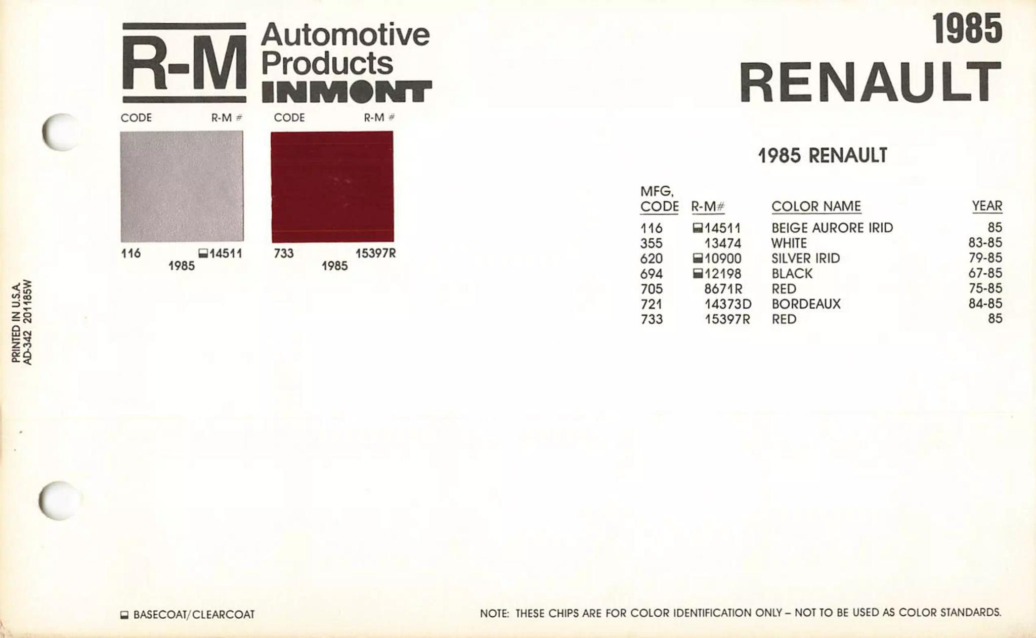 A paint chart for exterior colors, their codes, their names, and swatches for Renault automobiles.