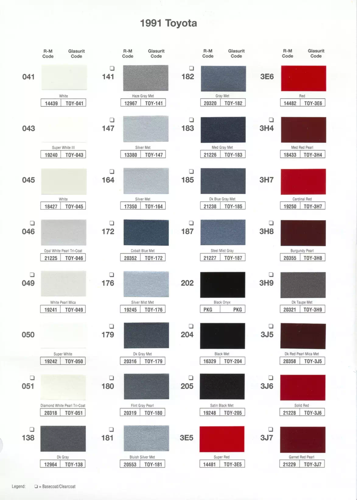 Oem paint codes and color examples for various models of 1991 Toyota & Lexus  vehicles 