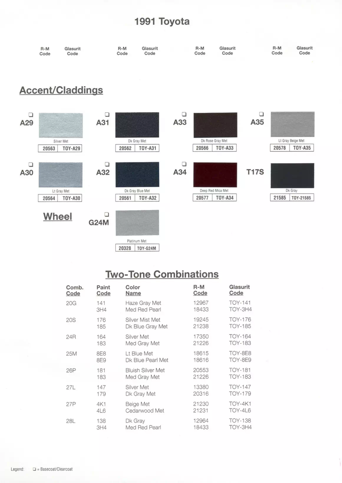 Oem paint codes and color examples for various models of 1991 Toyota & Lexus  vehicles 