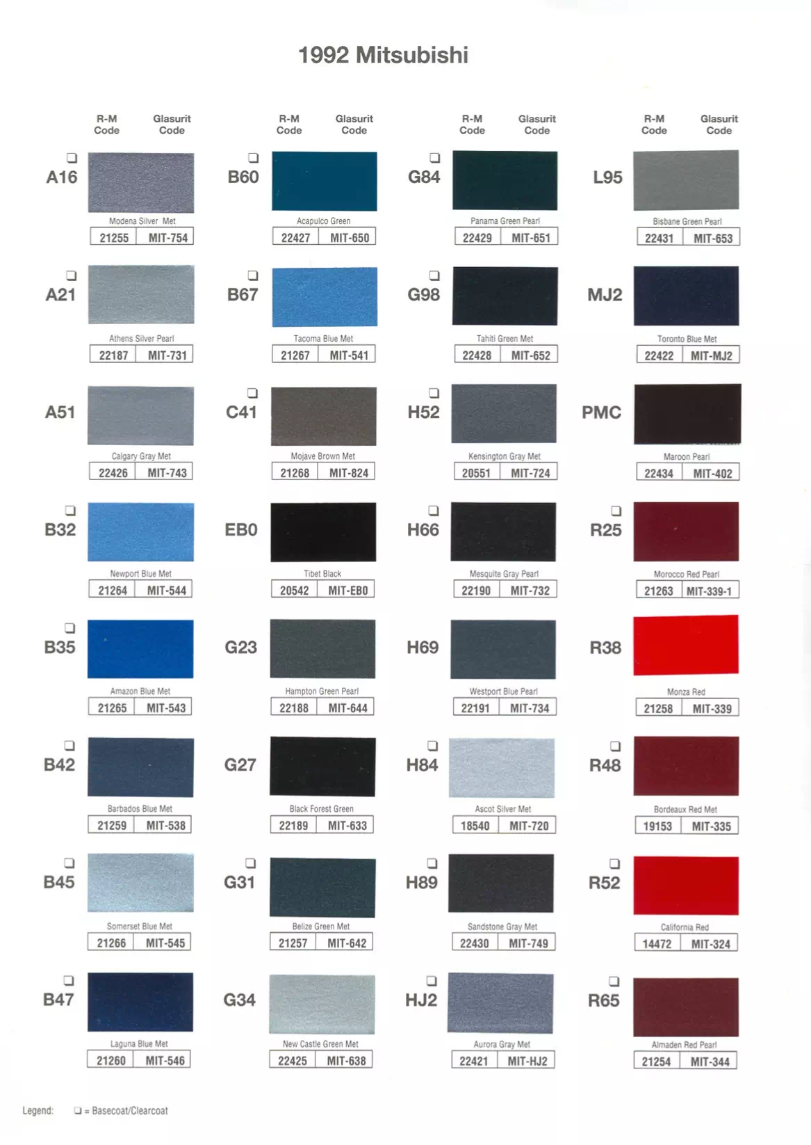 A paint code chart displaying various color swatches and corresponding codes. This chart is used to identify and select specific paint colors for mixing paint and or buying paint for your Mitsubishi vehicle. There are only so many paints used every year. This chart helps you decide what color it is.  