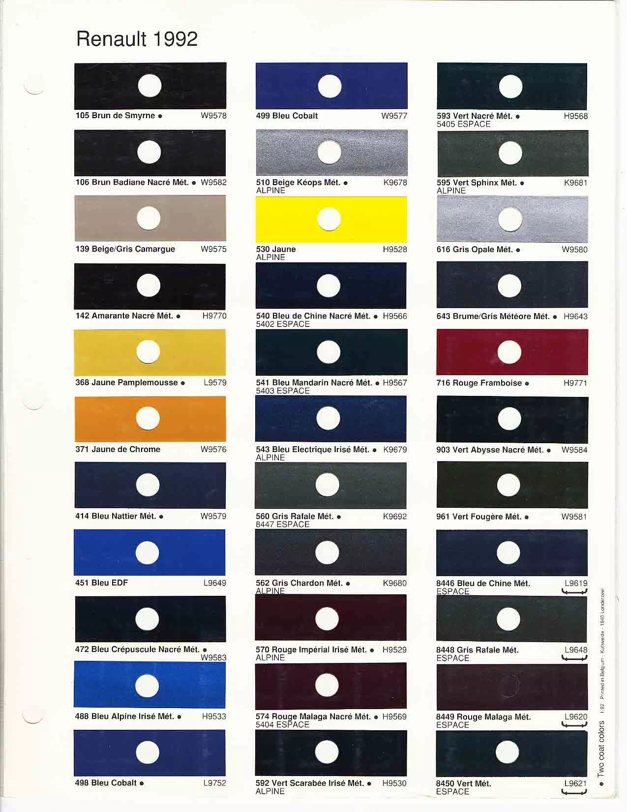 A paint chart for exterior colors, their codes, their names, and swatches for Renault automobiles.