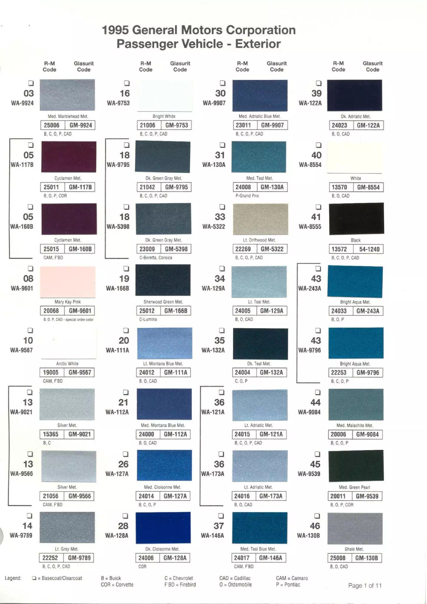 Colors used on General Motors Vehicles and the codes to mix that color