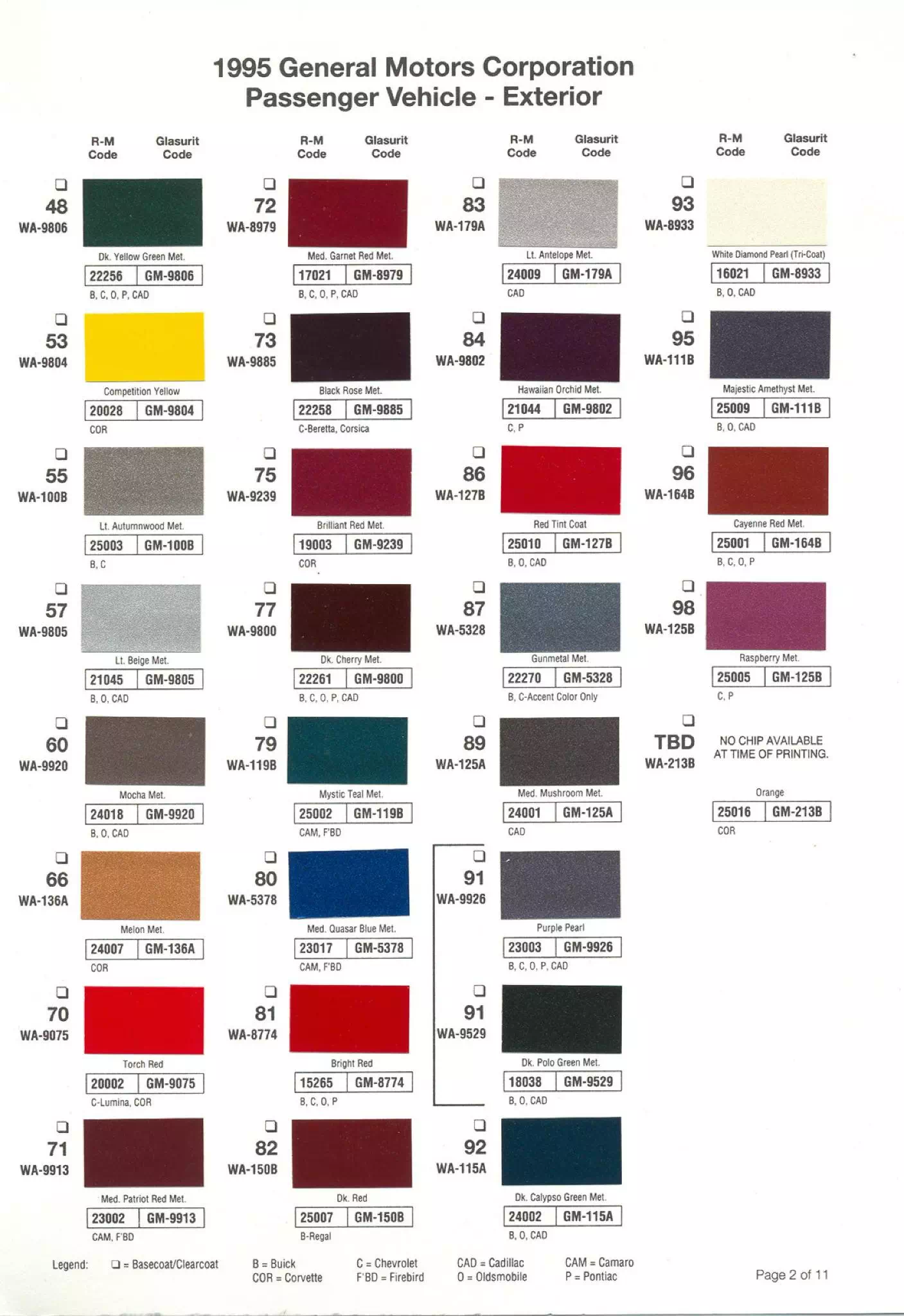 Colors used on General Motors Vehicles and the codes to mix that color
