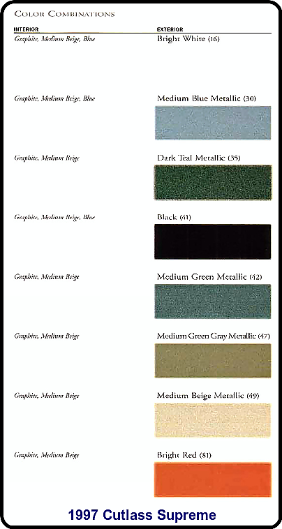 1997 Oldsmobile Paint codes and color swatches.