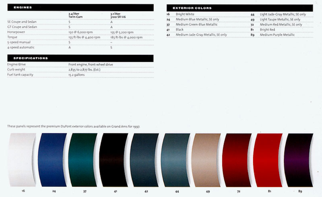 1997 Pontiac Paint codes and color swatches.