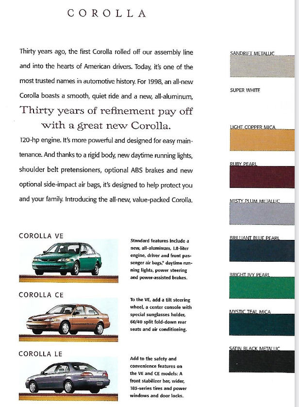 exterior  colors and vehicle examples of the 1998 Toyota