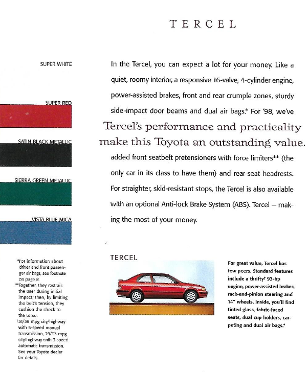 exterior  colors and vehicle examples of the 1998 Toyota