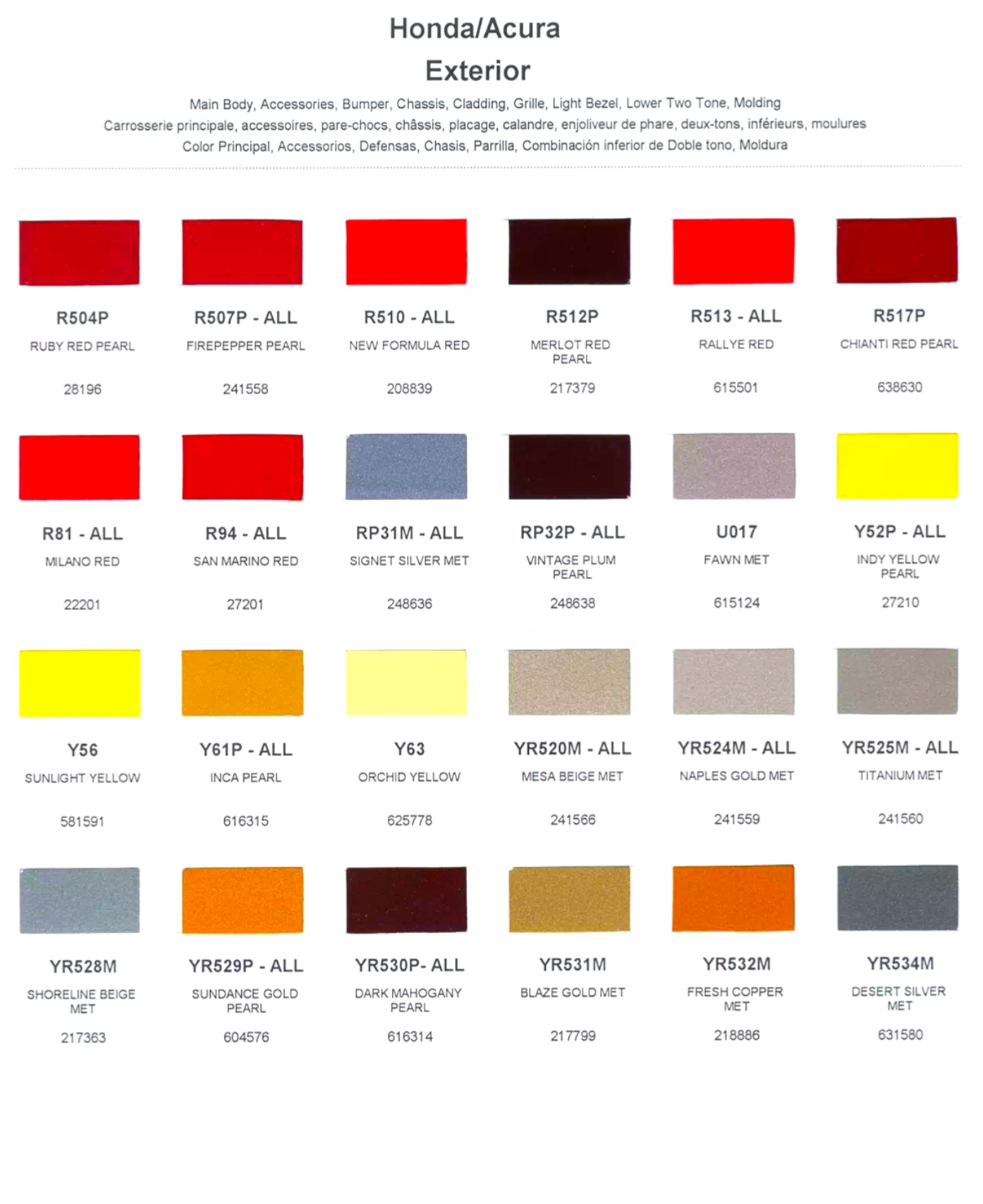 color swatches and codes for Honda and Acura Vehicles