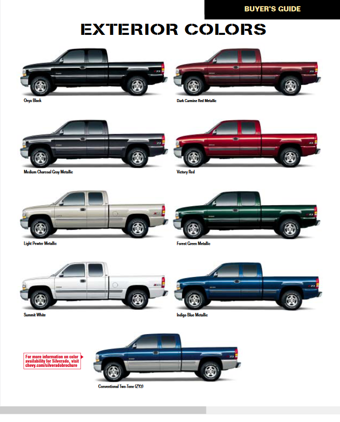 paint colors used on the exterior of chevrolet silverado trucks