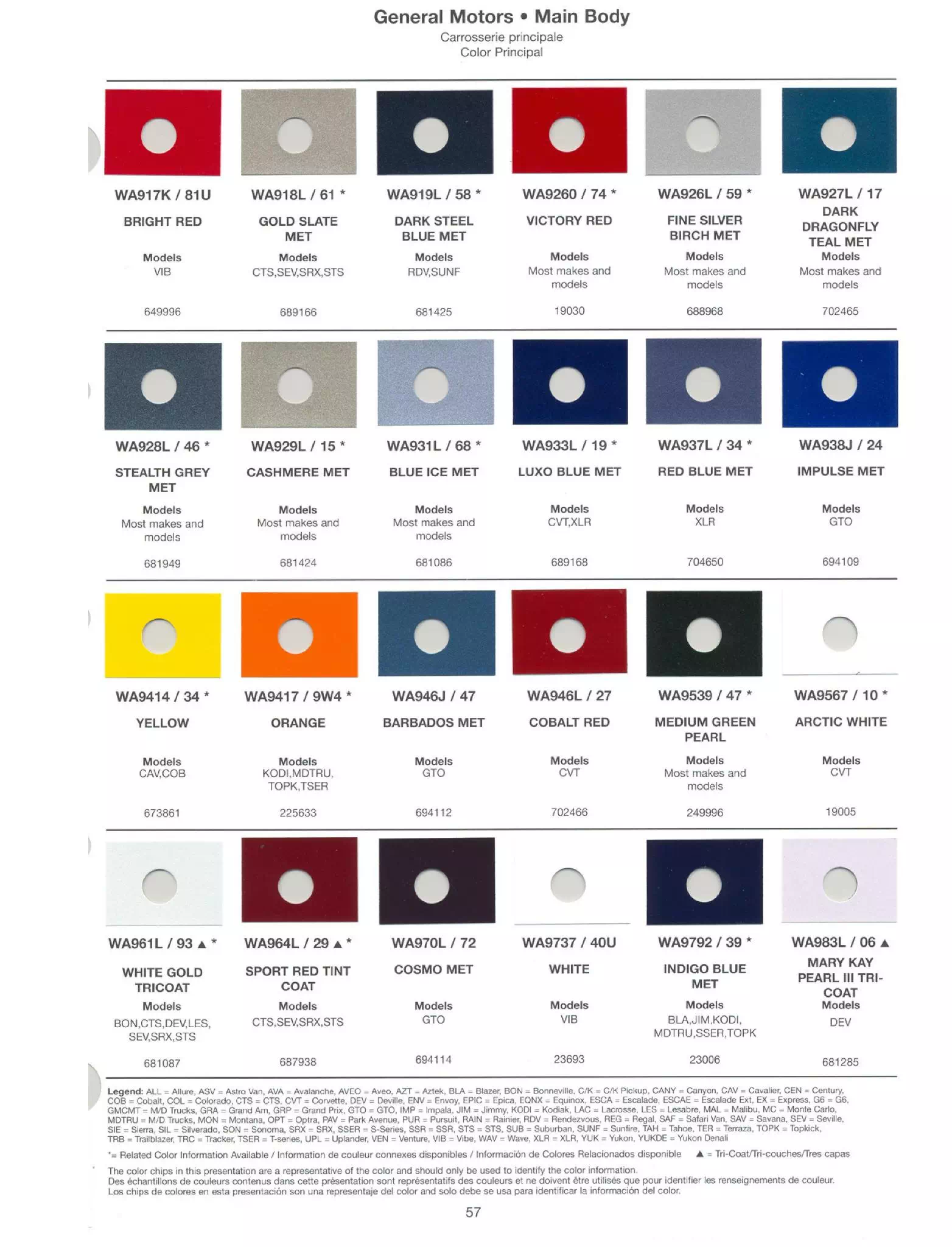 Color Chart and Paint Codes used on all General Motor Vehicles in 2005