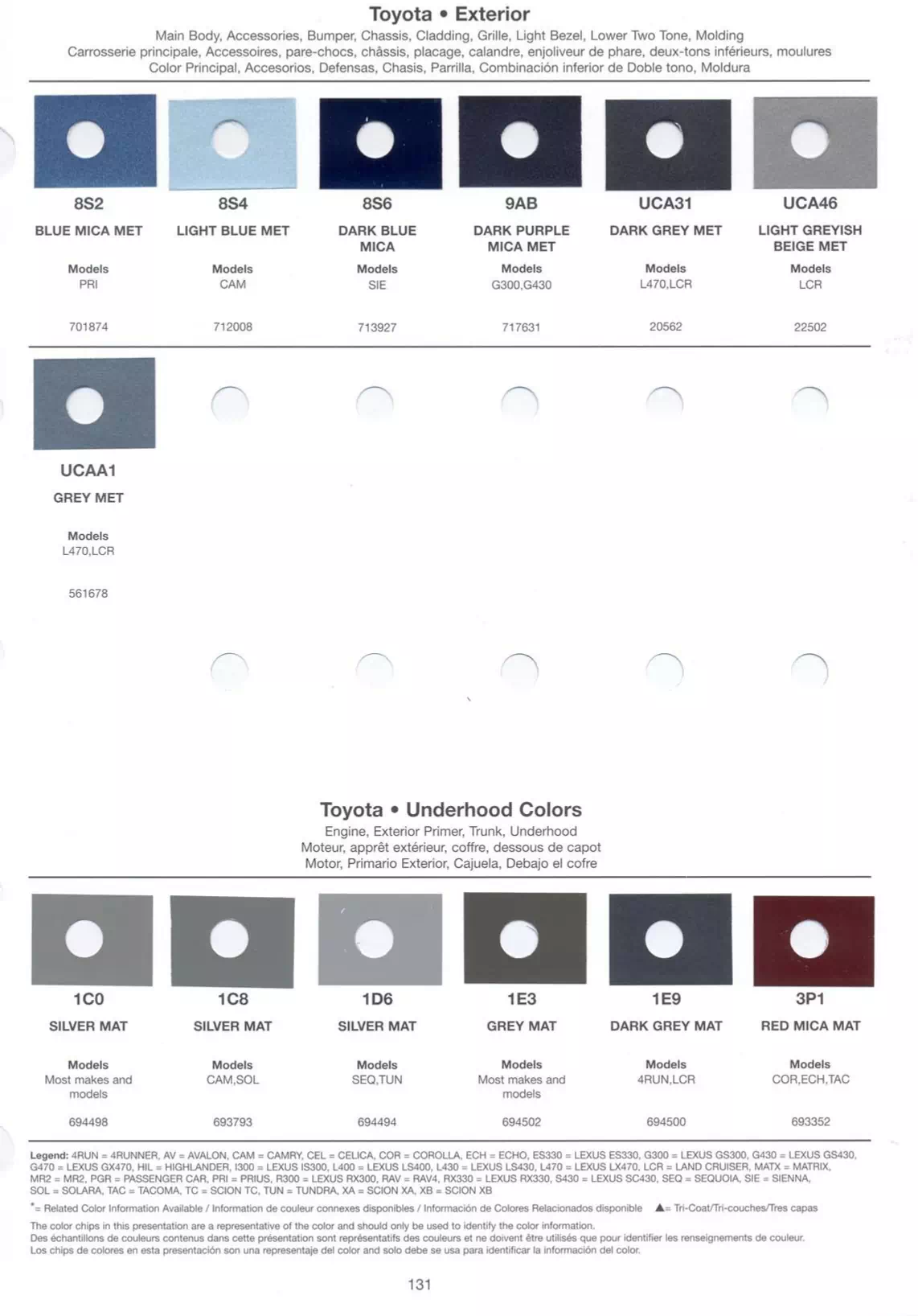 A photo showing Toyota and Lexus paint color examples, their codes and mixing stock numbers