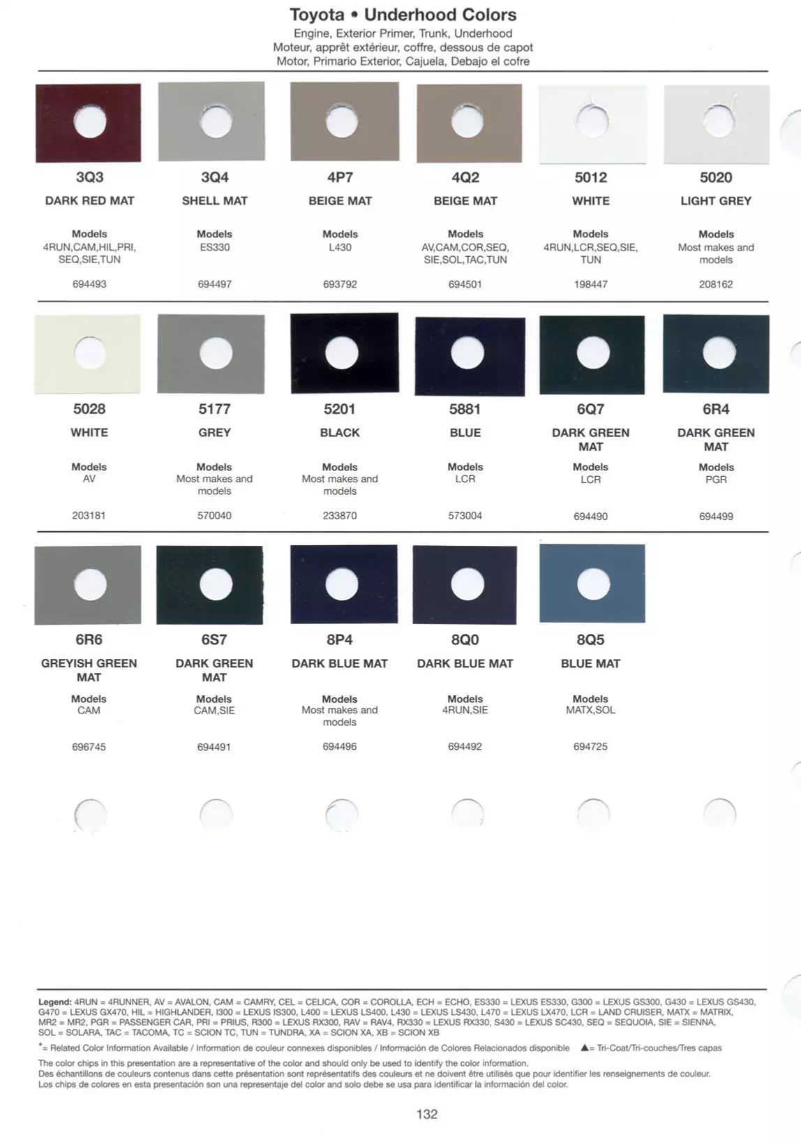 A photo showing Toyota and Lexus paint color examples, their codes and mixing stock numbers