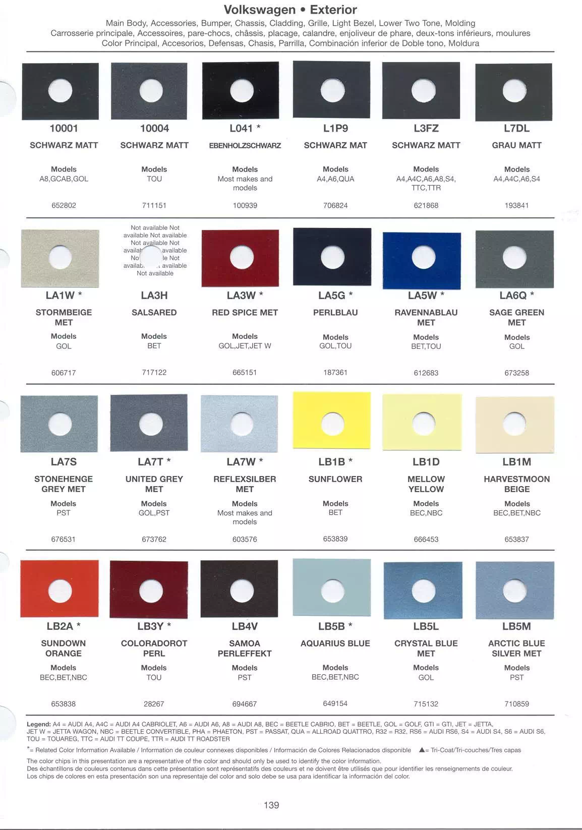 Volkswagen and Audi Color Examples and  Exterior Paint Colors used in 2005