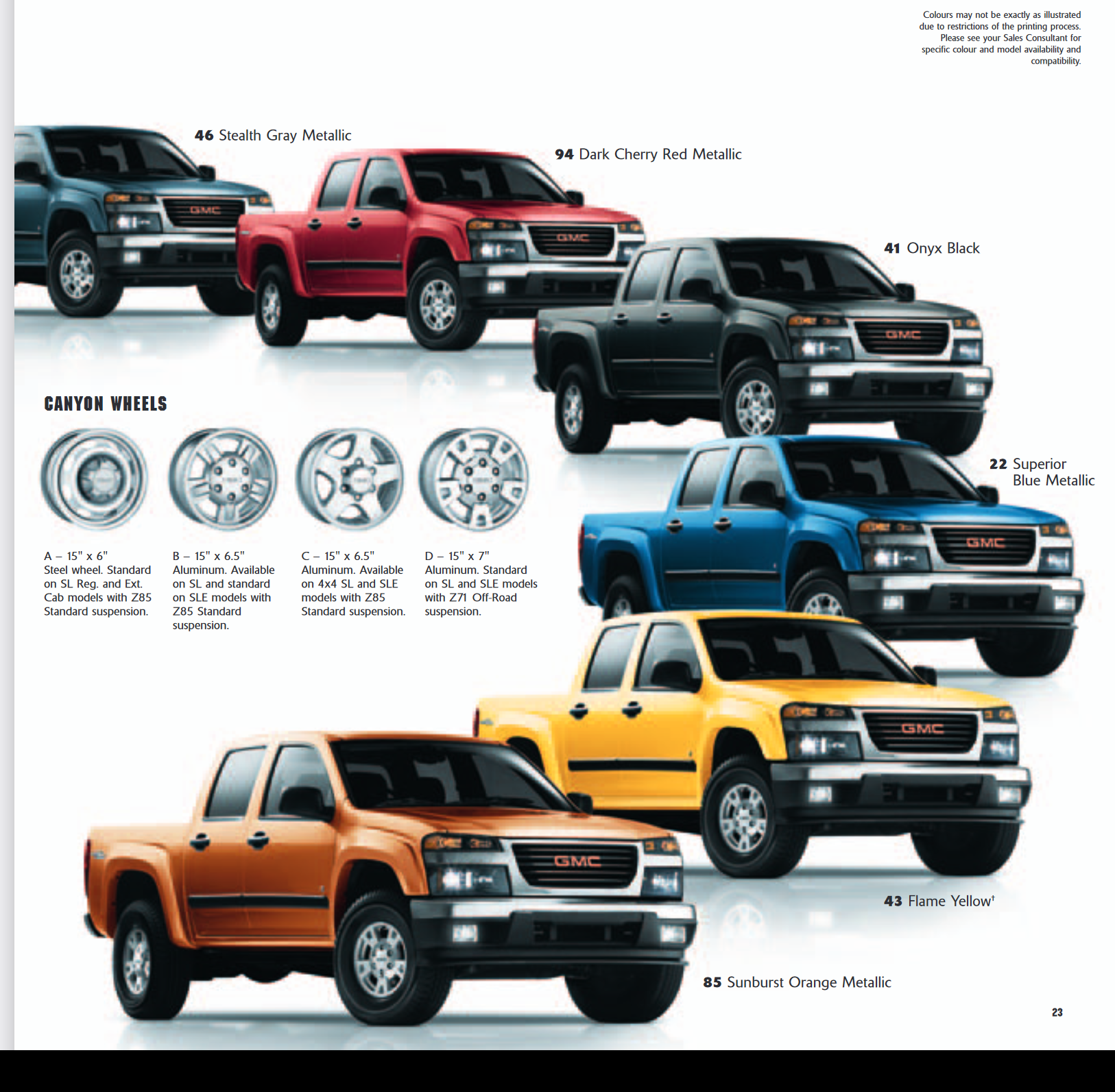 Colors used on the exterior of GMC Canyon Vehicles