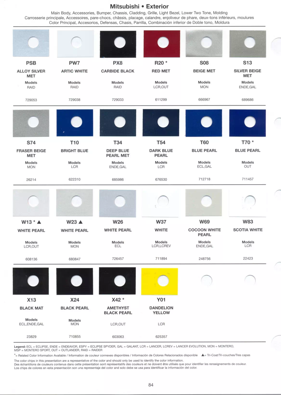 A paint code chart displaying various color swatches and corresponding codes. This chart is used to identify and select specific paint colors for mixing paint and or buying paint for your Mitsubishi vehicle. There are only so many paints used every year. This chart helps you decide what color it is.  