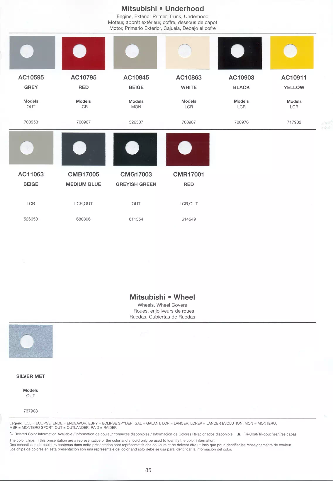 A paint code chart displaying various color swatches and corresponding codes. This chart is used to identify and select specific paint colors for mixing paint and or buying paint for your Mitsubishi vehicle. There are only so many paints used every year. This chart helps you decide what color it is.  