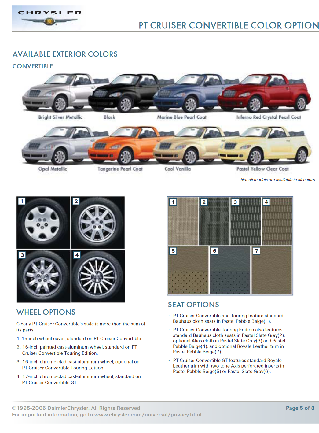 Exterior Colors used on Chrysler PT Crusier Vehicles