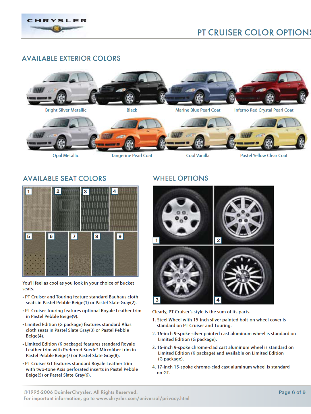 Exterior Colors used on Chrysler PT Crusier Vehicles