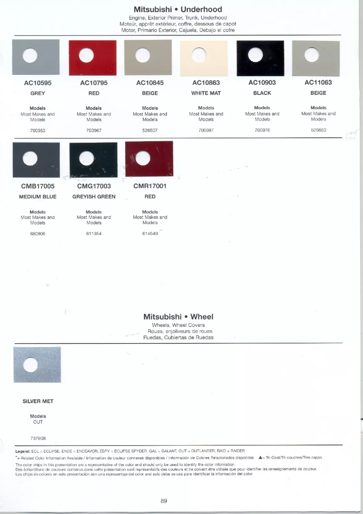 A paint code chart displaying various color swatches and corresponding codes. This chart is used to identify and select specific paint colors for mixing paint and or buying paint for your Mitsubishi vehicle. There are only so many paints used every year. This chart helps you decide what color it is.  