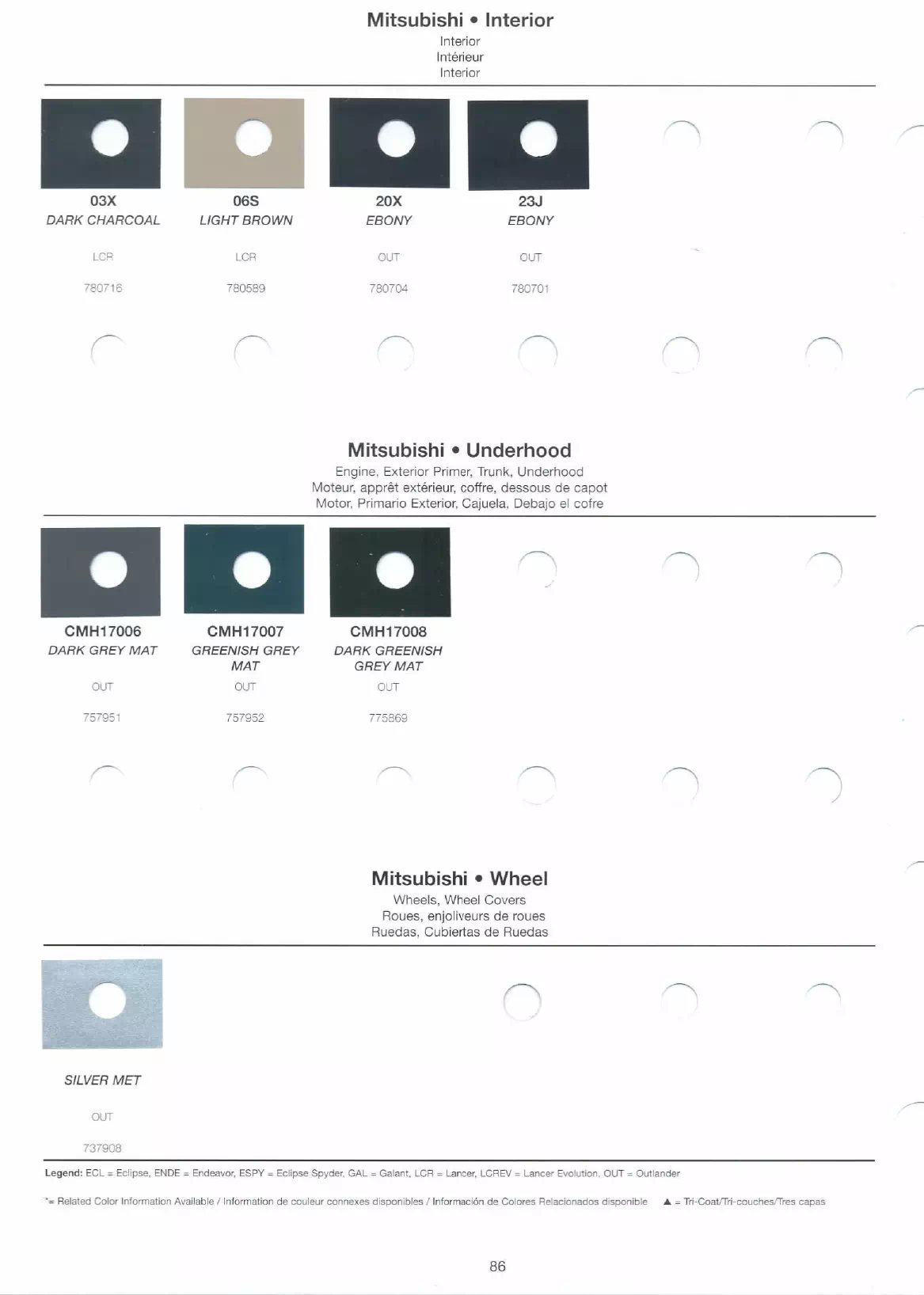 A paint code chart displaying various color swatches and corresponding codes. This chart is used to identify and select specific paint colors for mixing paint and or buying paint for your Mitsubishi vehicle. There are only so many paints used every year. This chart helps you decide what color it is.  