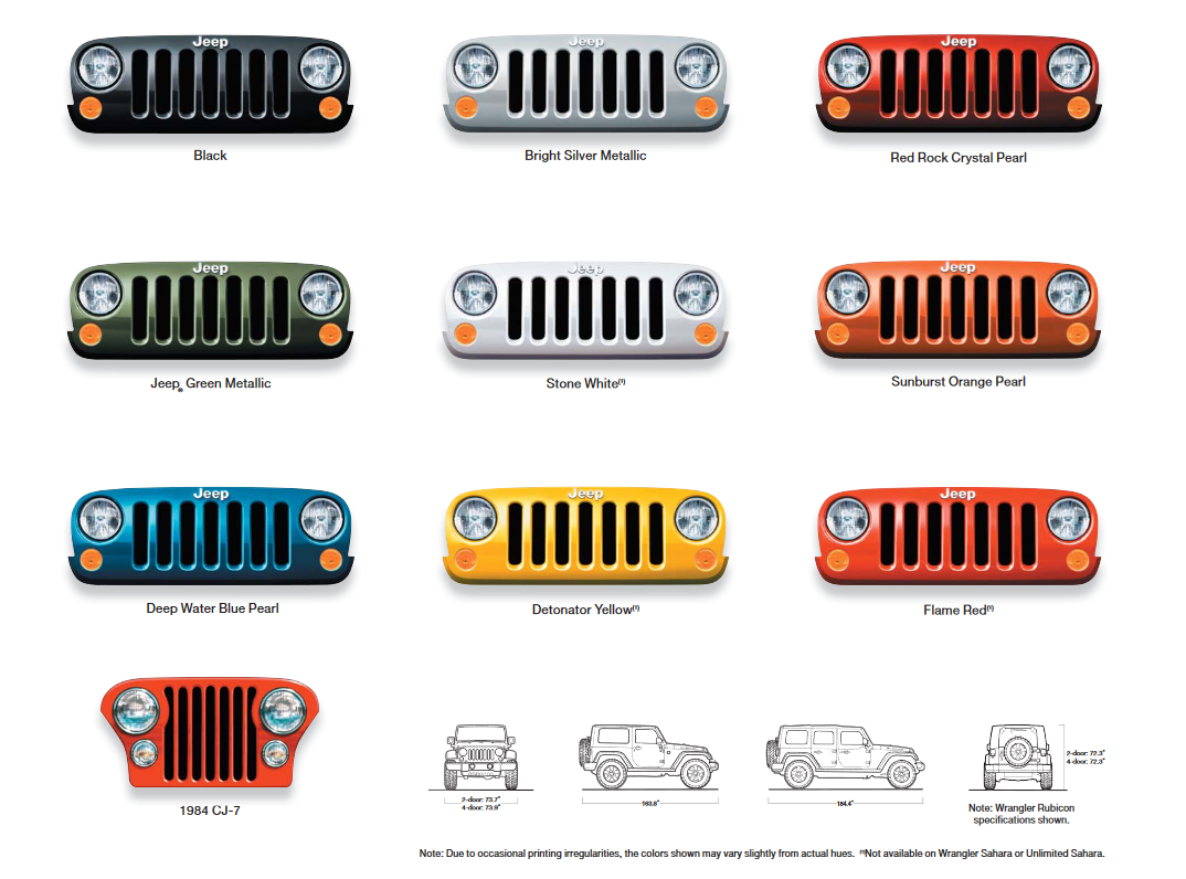 Various Colors used on the exterior of the Jeep Wrangler