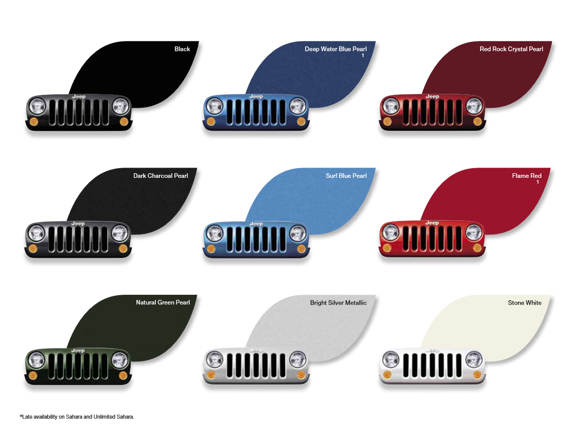 Various Colors used on the exterior of the Jeep Wrangler