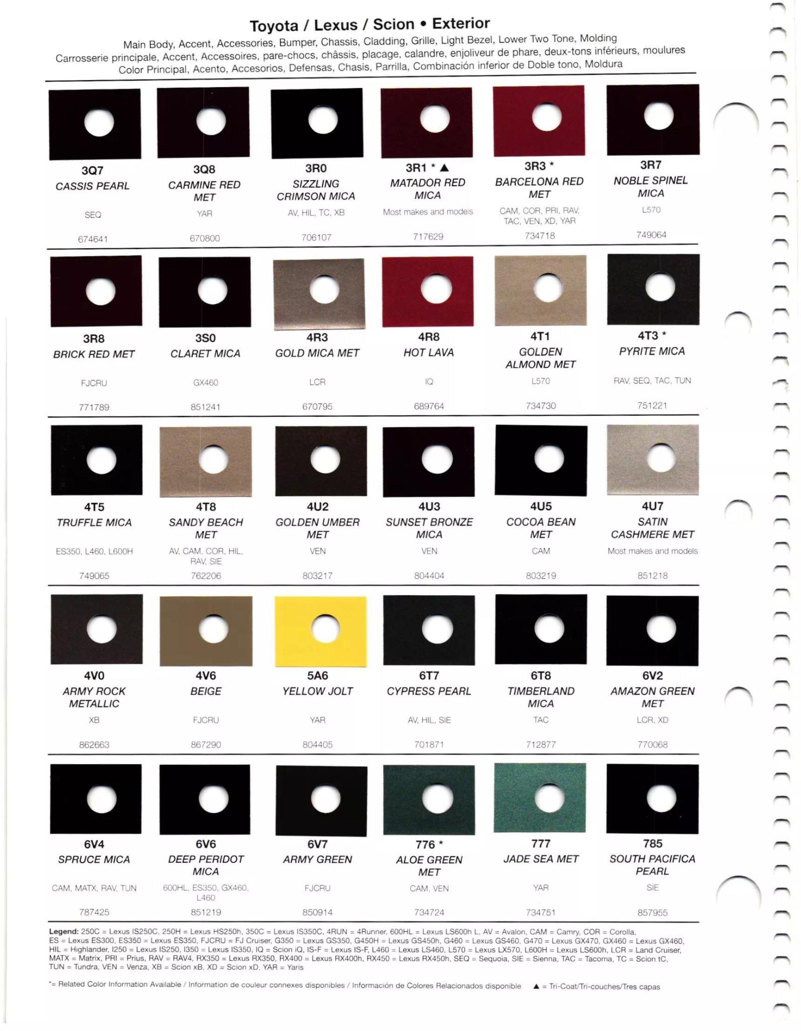 exterior, interior, wheel, and accent paint codes with paint chips used on toyota, lexus & scion vehicles