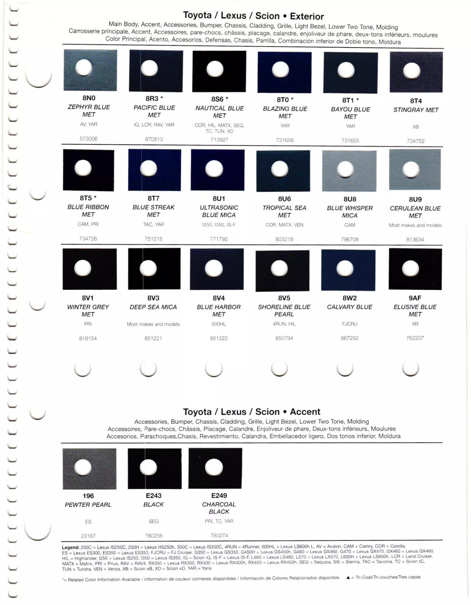 exterior, interior, wheel, and accent paint codes with paint chips used on toyota, lexus & scion vehicles